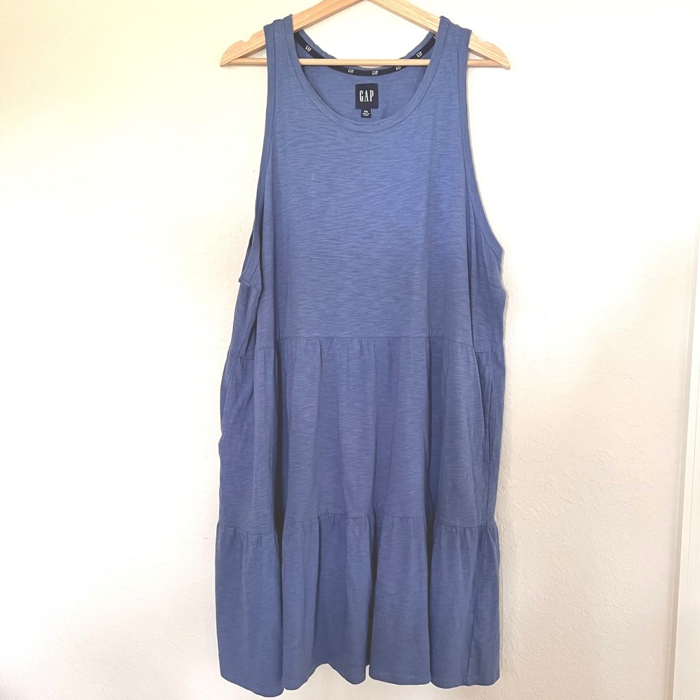 GAP Womens XXL Blue Tiered Dress Sleeveless Slub Knit Pockets Comfy Summer Loose